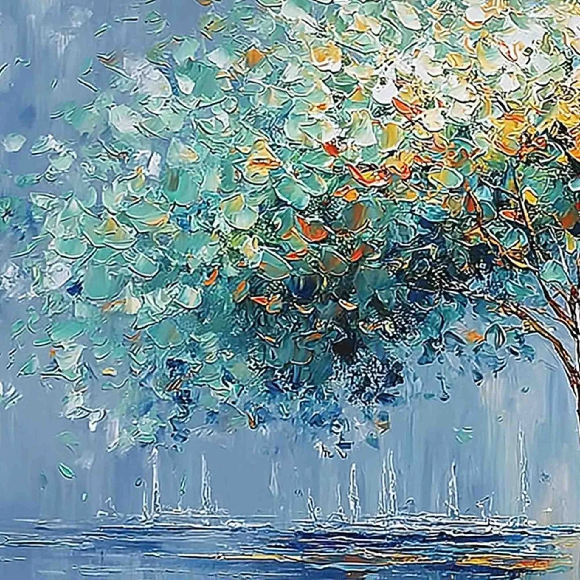 CHROMATIC EMBRACE: Heavily Textured Palette Knife Tree Landscape Painting | rectangular format, hand-painted canvas edge