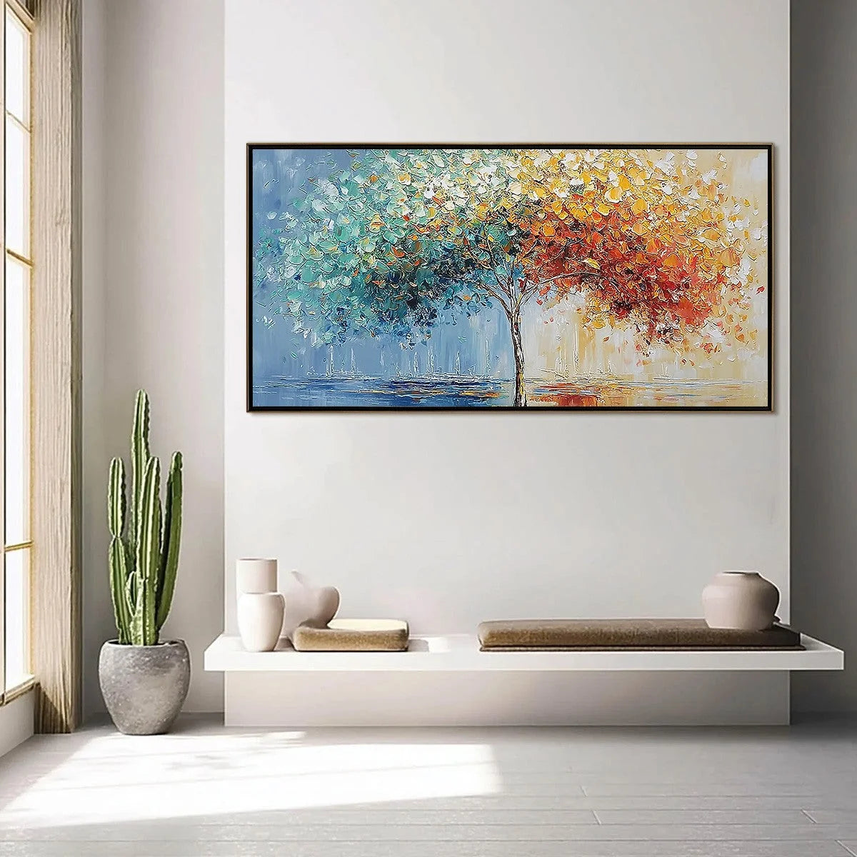 CHROMATIC EMBRACE: Heavily Textured Palette Knife Tree Landscape Painting | gold frame stretched on neutral wall