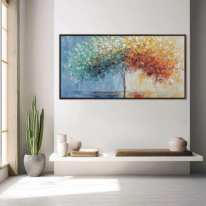 CHROMATIC EMBRACE: Heavily Textured Palette Knife Tree Landscape Painting | gold frame stretched on neutral wall