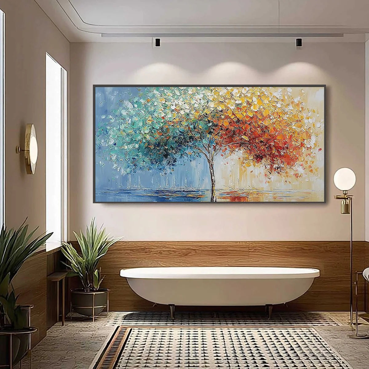 CHROMATIC EMBRACE: Heavily Textured Palette Knife Tree Landscape Painting | black frame version on white wall