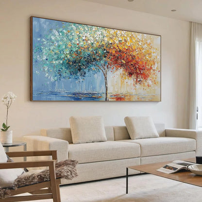 CHROMATIC EMBRACE: Heavily Textured Palette Knife Tree Landscape Painting | Landscape mood, soft natural light studio shot