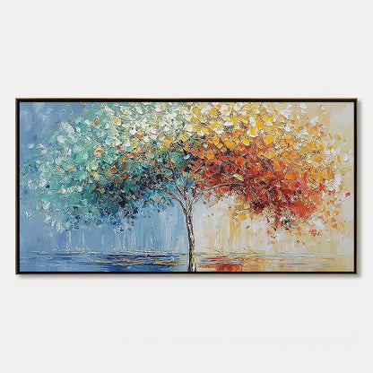 CHROMATIC EMBRACE: Heavily Textured Palette Knife Tree Landscape Painting | hanging in CHROMATIC EMBRACE: Heavily Textured Palette Knife Tree Landscape Painting featuring layered textured brushwork...