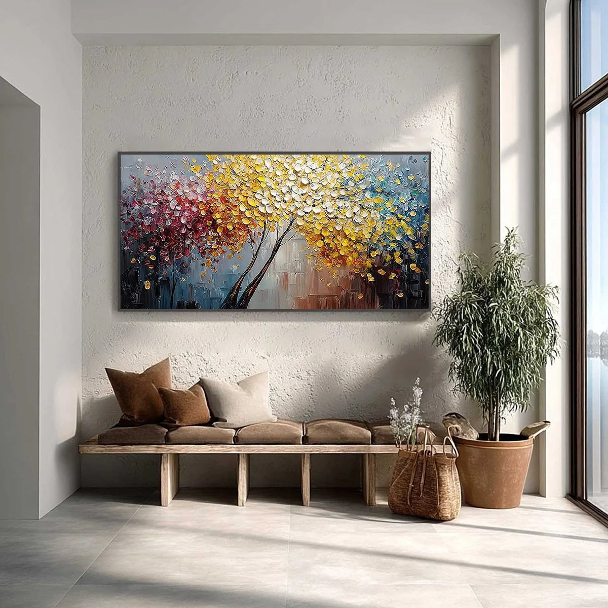CHROMATIC EMBRACE: Textured Palette Knife Tree Painting | textured palette knife closeup, raised brushwork detail