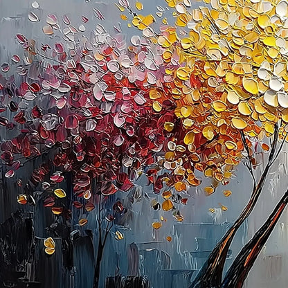 CHROMATIC EMBRACE: Textured Palette Knife Tree Painting | rectangular format, hand-painted canvas edge