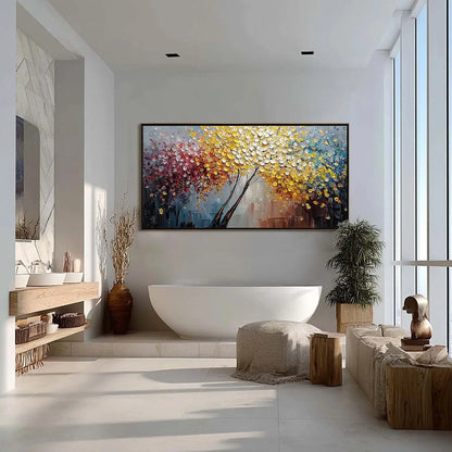 CHROMATIC EMBRACE: Textured Palette Knife Tree Painting | gold frame stretched on neutral wall