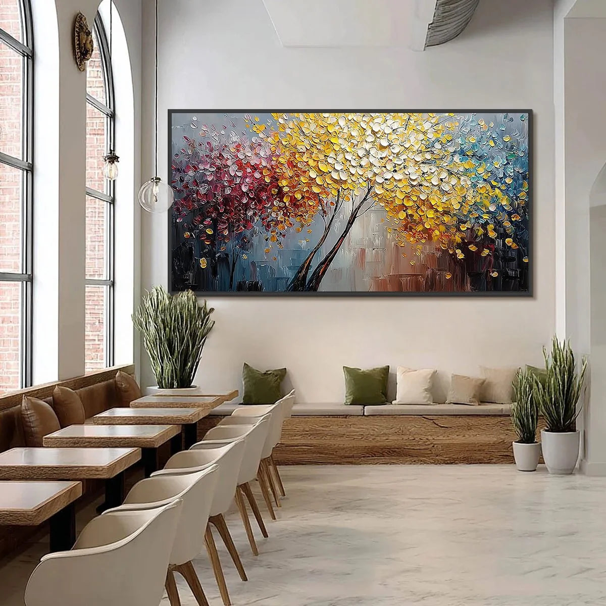 CHROMATIC EMBRACE: Textured Palette Knife Tree Painting | black frame version on white wall