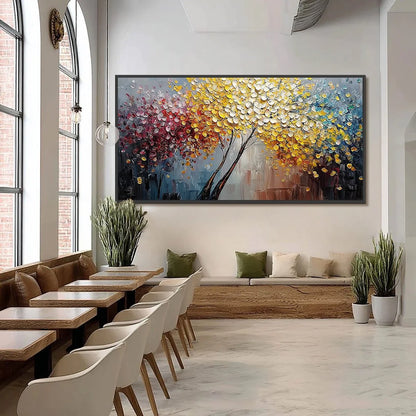 CHROMATIC EMBRACE: Textured Palette Knife Tree Painting | black frame version on white wall