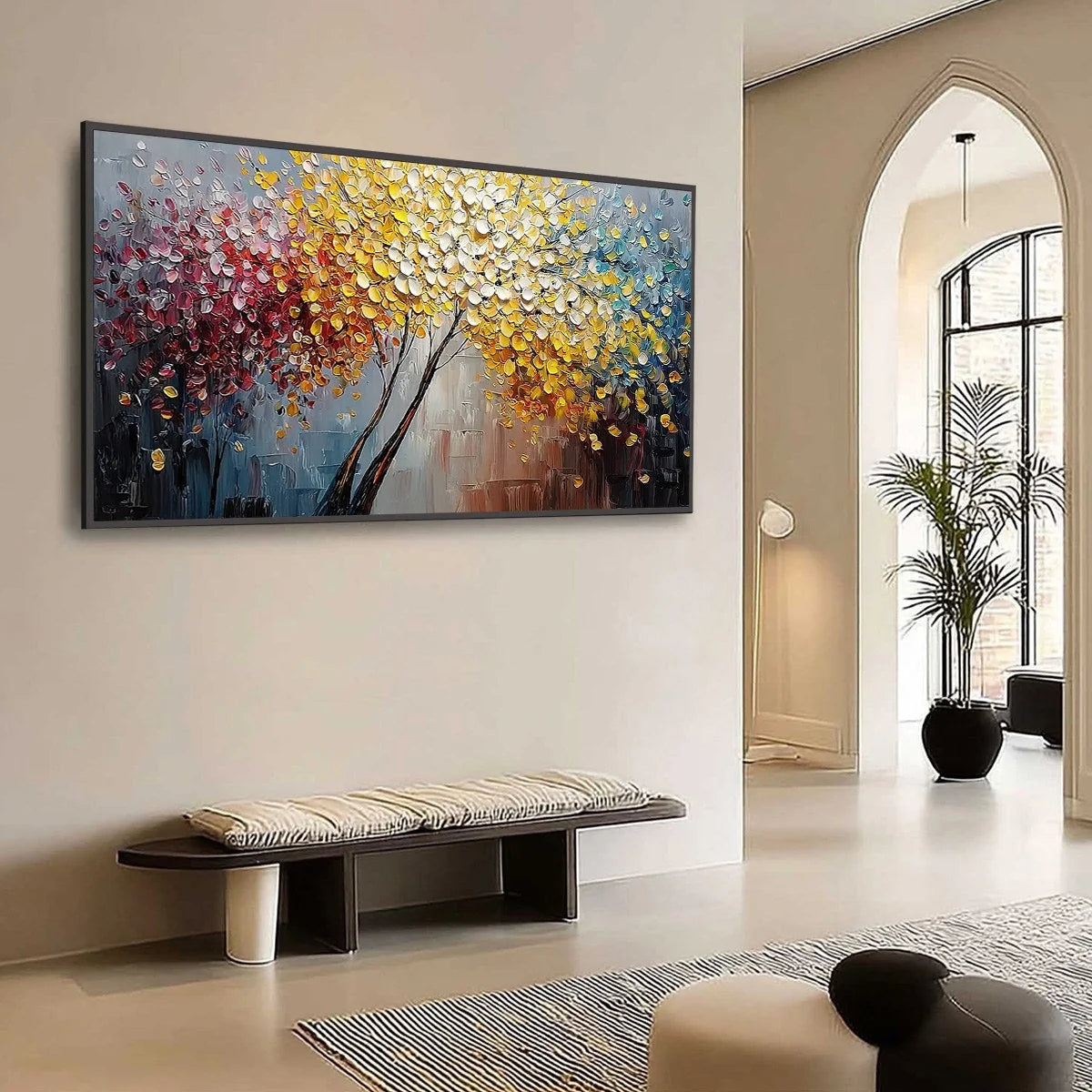 CHROMATIC EMBRACE: Textured Palette Knife Tree Painting | textured palette knife mood, soft natural light studio shot