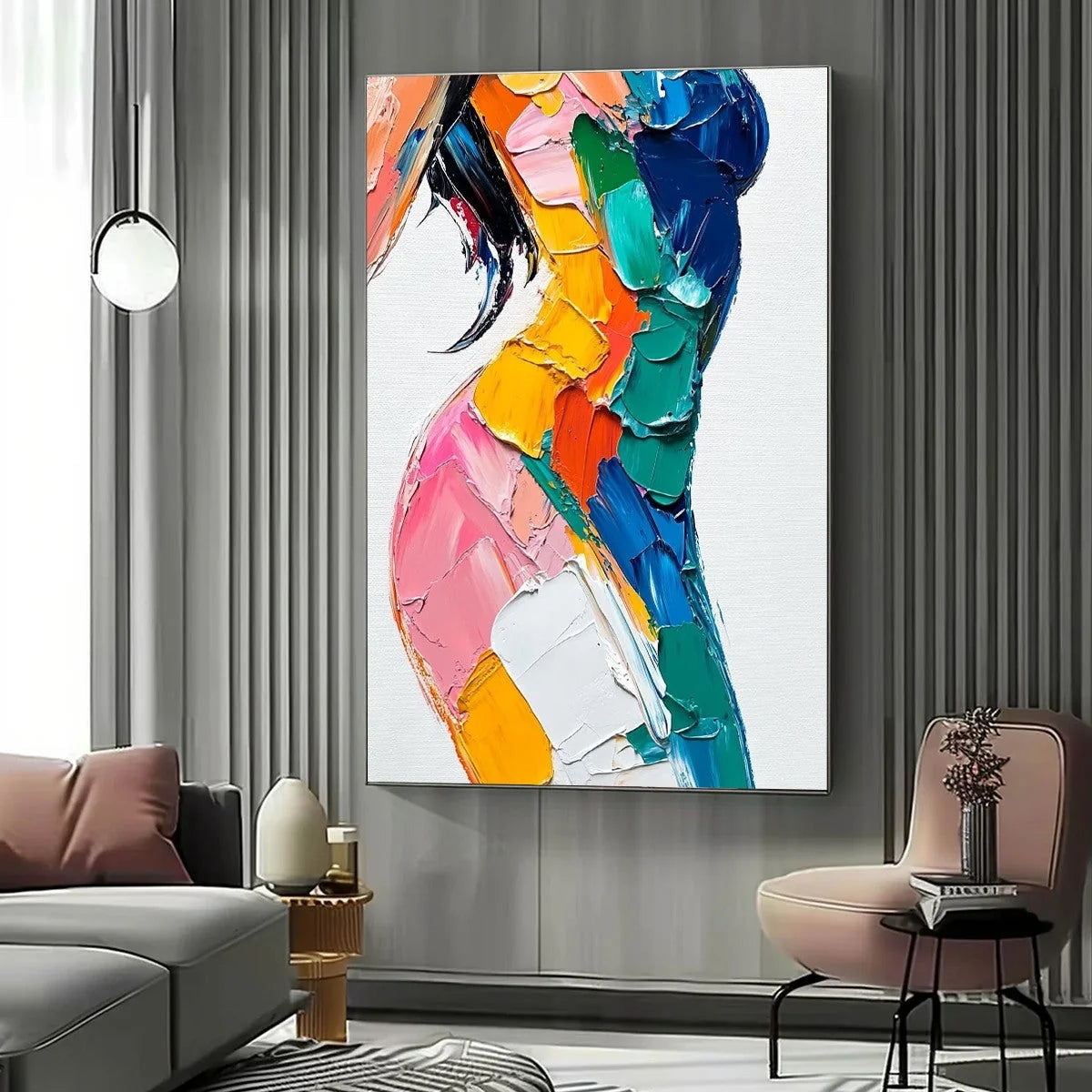 CHROMATIC FIGURE: Textured Impasto Abstract Figure | gold frame stretched on neutral wall