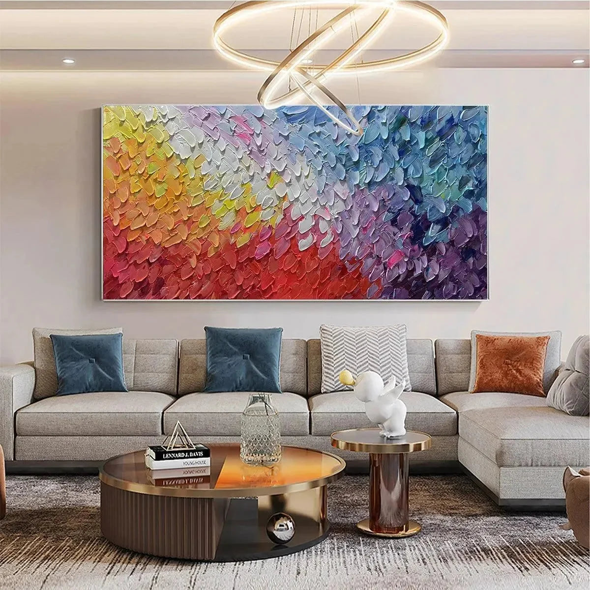 CHROMATIC FLOW: Colorful Abstract Painting, Textured | gold frame stretched on neutral wall