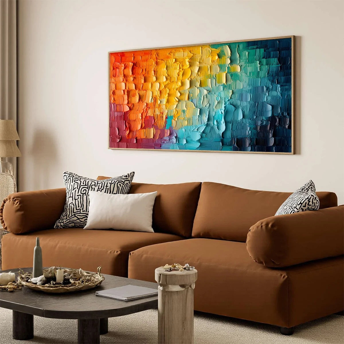 CHROMATIC FLOW: Textured Impasto Abstract Oil Painting | gold frame stretched on neutral wall