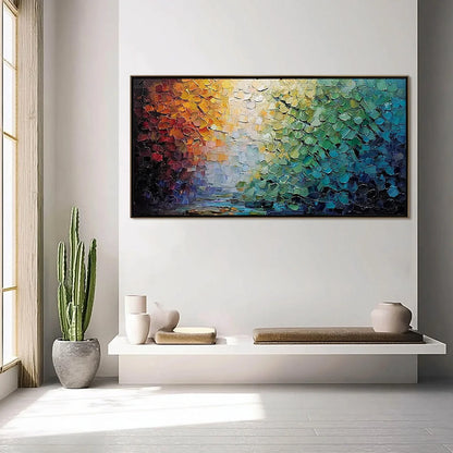 CHROMATIC HORIZON: Large Textured Abstract Impasto Oil Painting | gold frame stretched on neutral wall