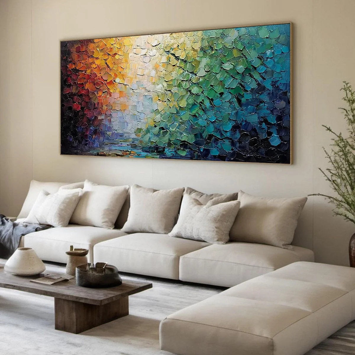 CHROMATIC HORIZON: Large Textured Abstract Impasto Oil Painting | beige palette, original Hand-painted on premium stretched canvas using artist-grade oils; rich layered surface combines smooth grad...