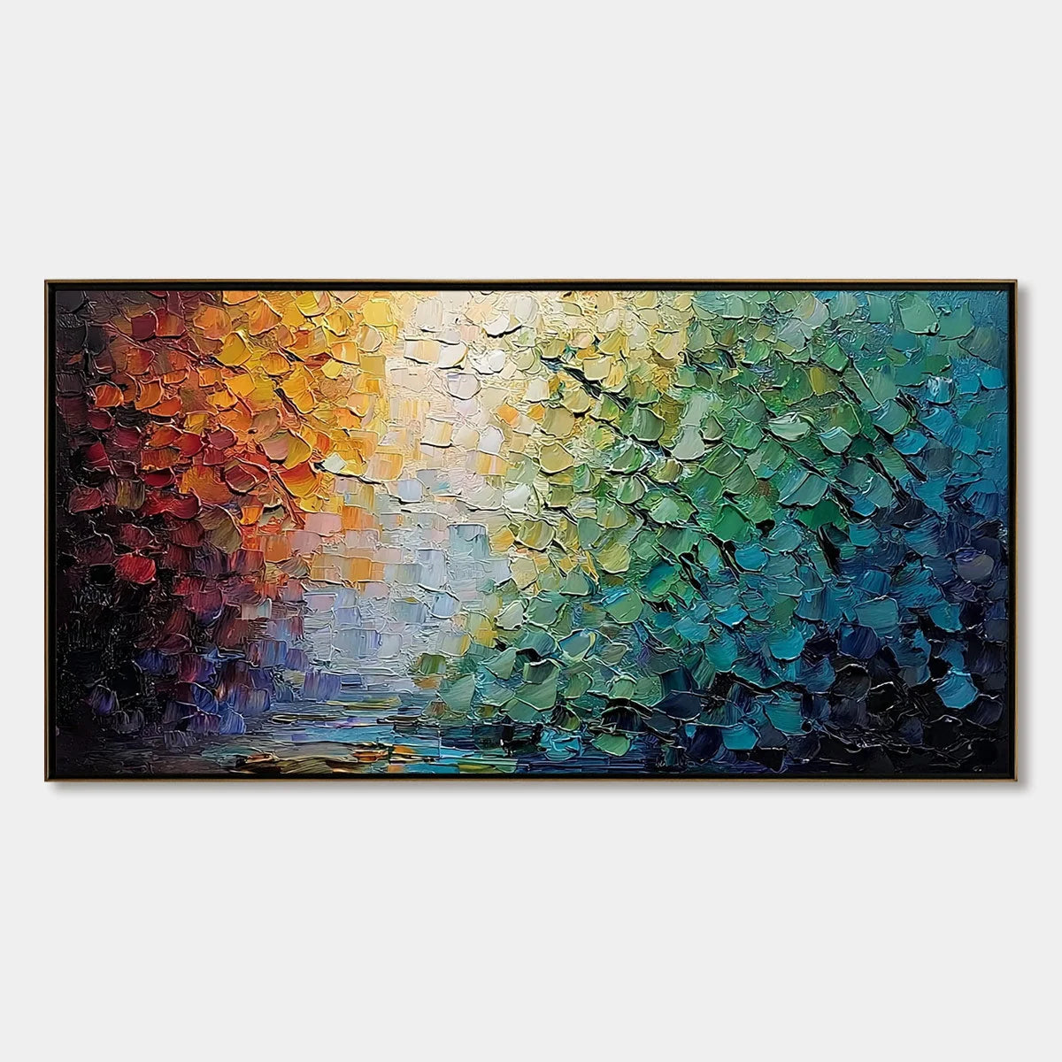 CHROMATIC HORIZON: Large Textured Abstract Impasto Oil Painting | hanging in CHROMATIC HORIZON: Large Textured Abstract Impasto Oil Painting featuring layered textured brushwork in refined tones; a...