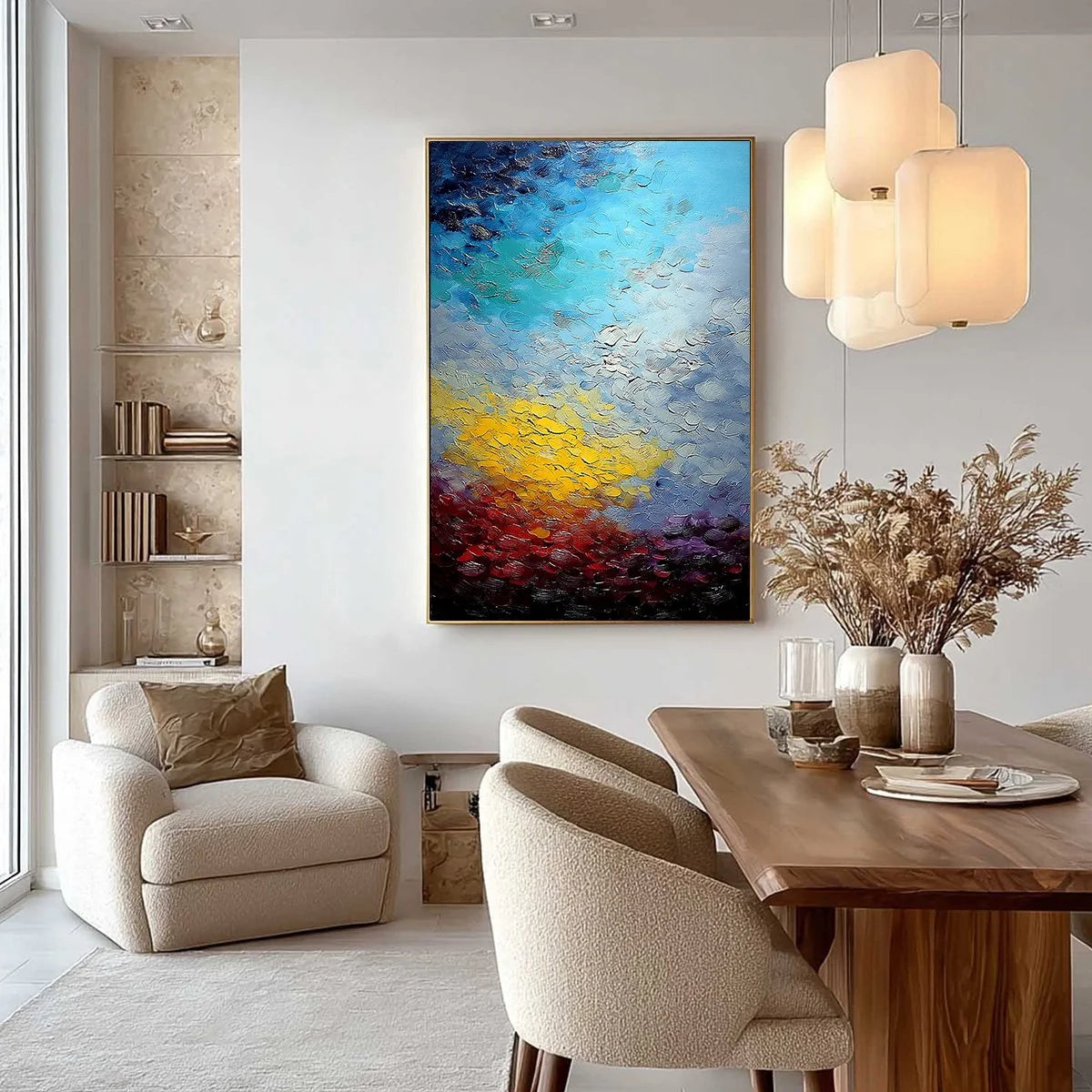 CHROMATIC HORIZON: Vertical Textured Abstract Landscape Oil Painting | gold frame stretched on neutral wall
