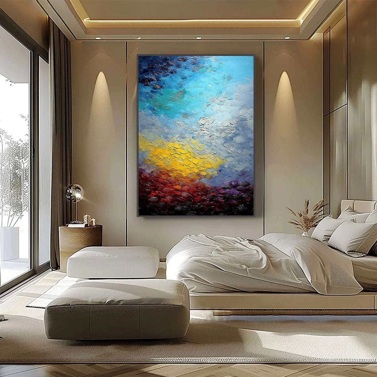 CHROMATIC HORIZON: Vertical Textured Abstract Landscape Oil Painting | black frame version on white wall