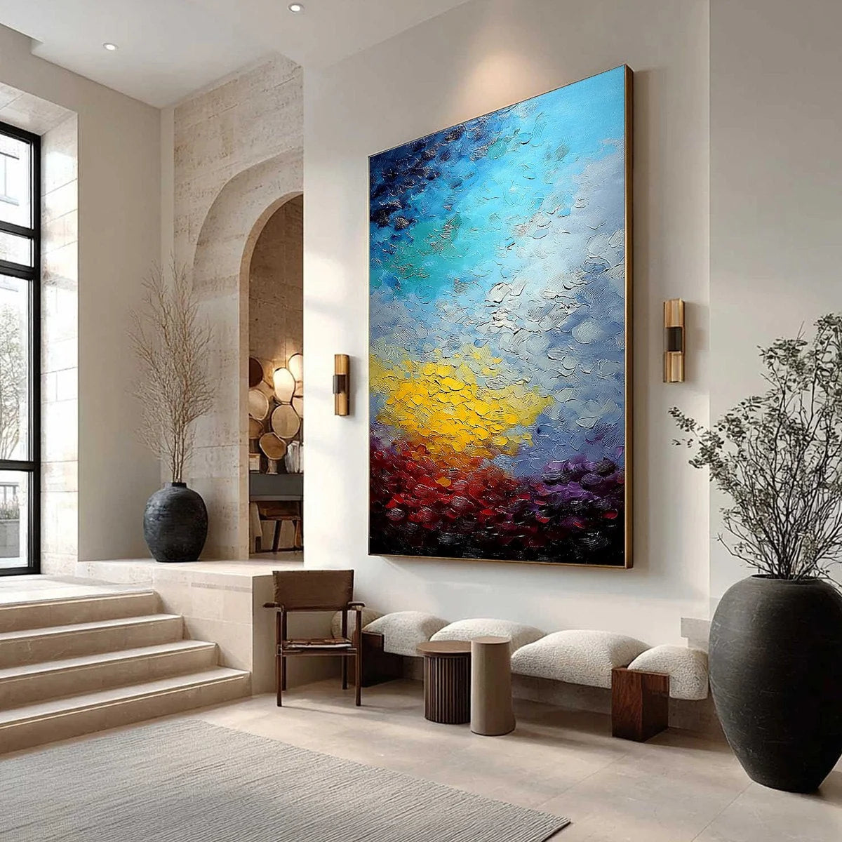 CHROMATIC HORIZON: Vertical Textured Abstract Landscape Oil Painting | Abstract mood, soft natural light studio shot
