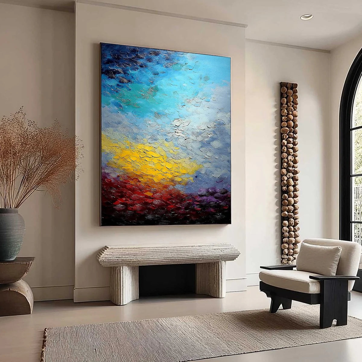 CHROMATIC HORIZON: Vertical Textured Abstract Landscape Oil Painting | beige palette, original Hand-painted on premium stretched canvas using artist-grade oils; rich layered surface combines smooth...