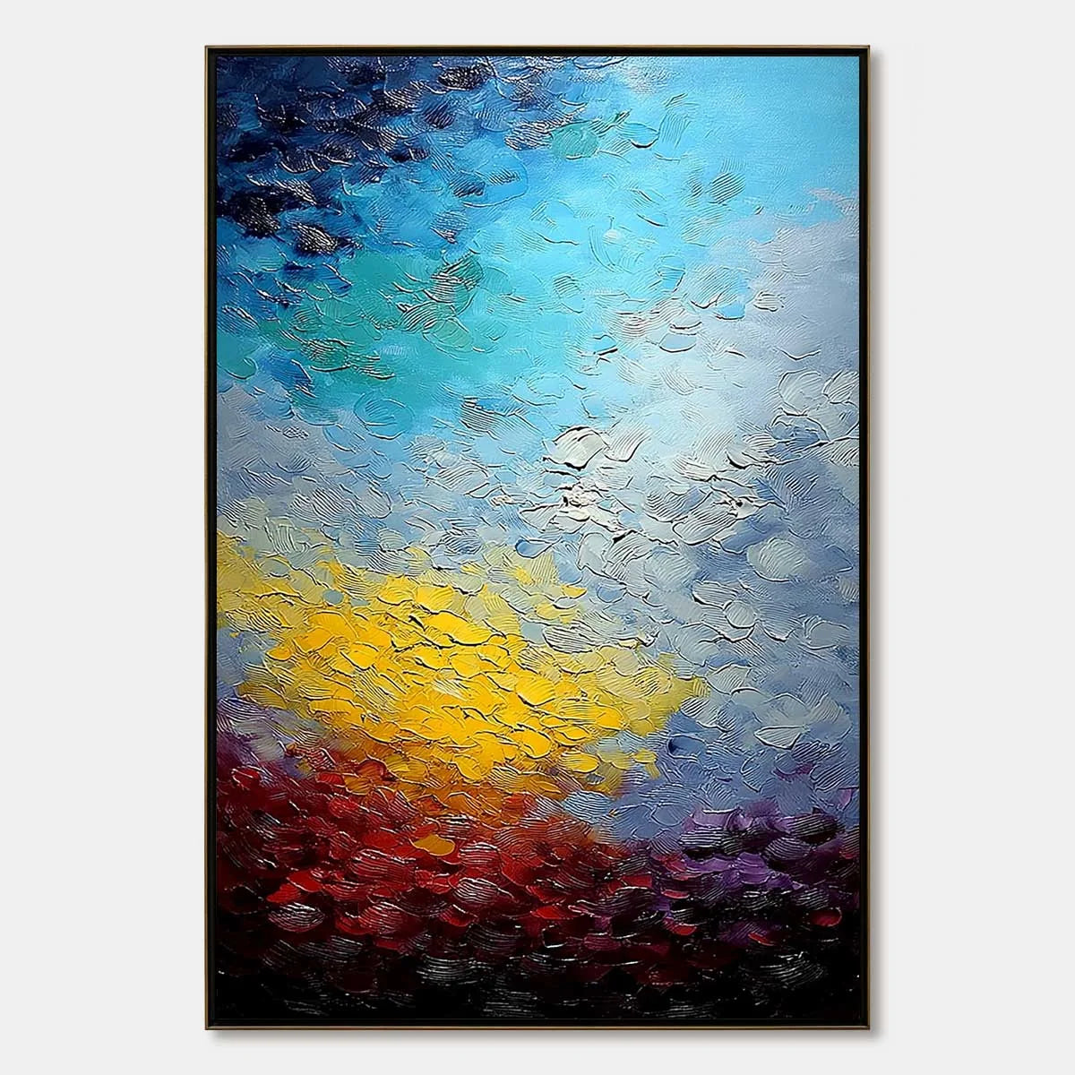 CHROMATIC HORIZON: Vertical Textured Abstract Landscape Oil Painting | hanging in CHROMATIC HORIZON: Vertical Textured Abstract Landscape Oil Painting featuring layered textured brushwork in refine...
