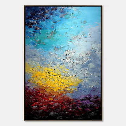 CHROMATIC HORIZON: Vertical Textured Abstract Landscape Oil Painting | hanging in CHROMATIC HORIZON: Vertical Textured Abstract Landscape Oil Painting featuring layered textured brushwork in refine...