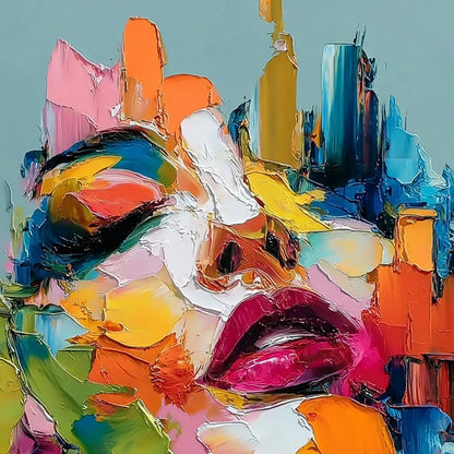 CHROMATIC MUSE: Colorful Abstract Impasto Portrait Palette Knife Painting | rectangular format, hand-painted canvas edge