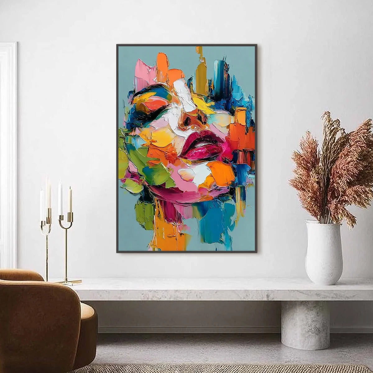 CHROMATIC MUSE: Colorful Abstract Impasto Portrait Palette Knife Painting | gold frame stretched on neutral wall