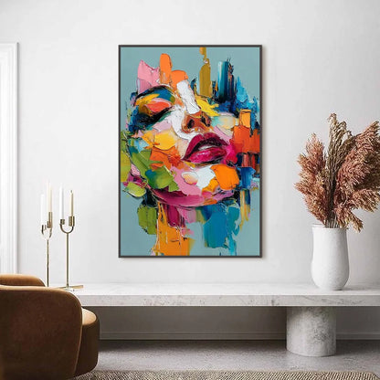 CHROMATIC MUSE: Colorful Abstract Impasto Portrait Palette Knife Painting | gold frame stretched on neutral wall