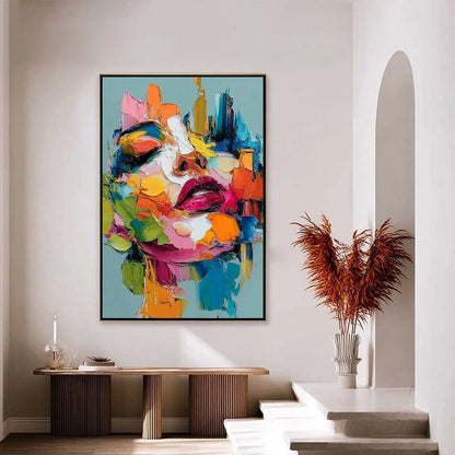 CHROMATIC MUSE: Colorful Abstract Impasto Portrait Palette Knife Painting | black frame version on white wall