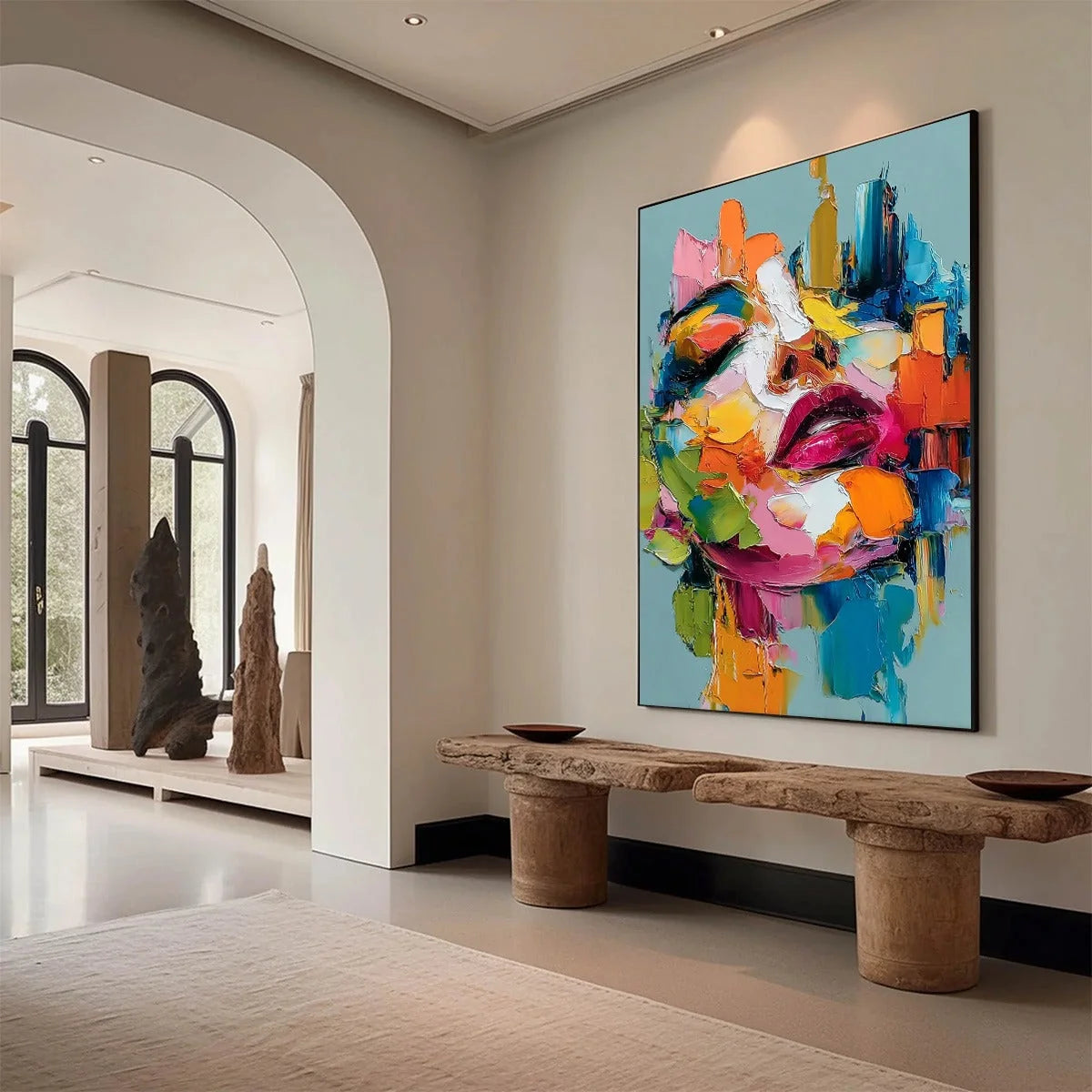 CHROMATIC MUSE: Colorful Abstract Impasto Portrait Palette Knife Painting | Figurative mood, soft natural light studio shot