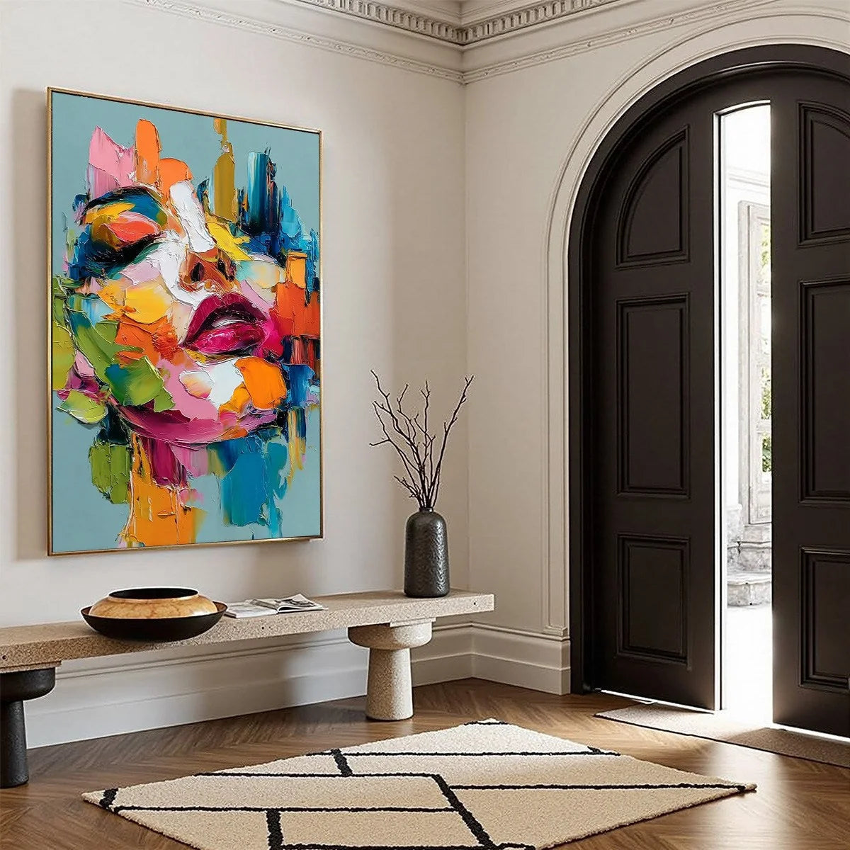 CHROMATIC MUSE: Colorful Abstract Impasto Portrait Palette Knife Painting | beige palette, original Hand-painted on premium stretched canvas using artist-grade oils; rich layered surface combines s...