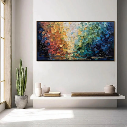 CHROMATIC REFLECTIONS: Heavy Texture Abstract Palette Knife Oil Painting | gold frame stretched on neutral wall