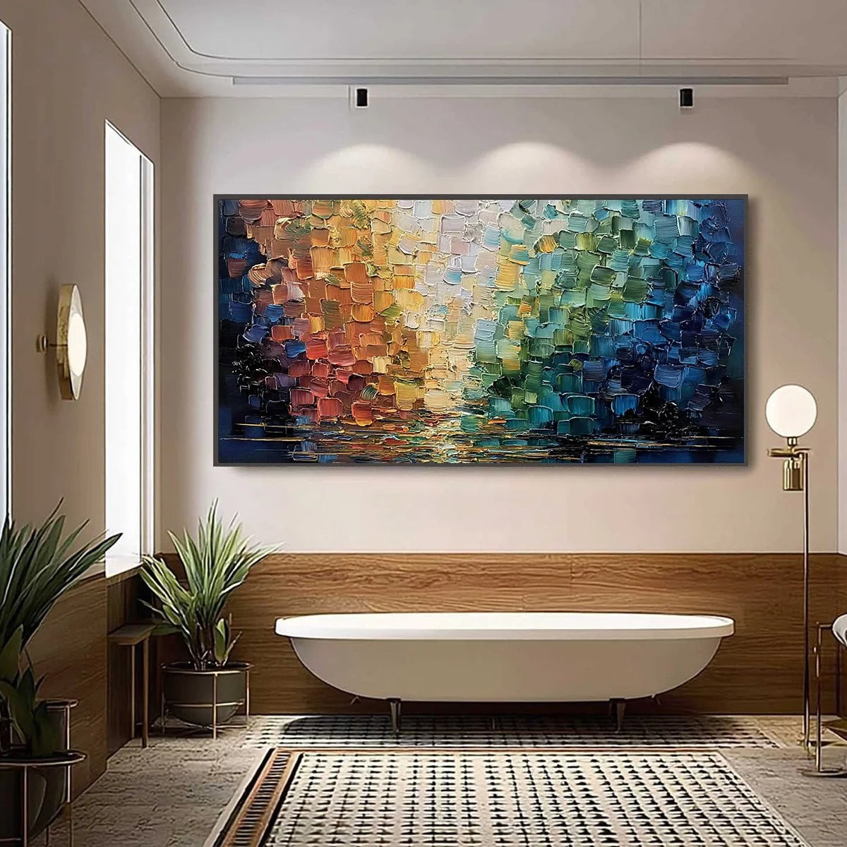 CHROMATIC REFLECTIONS: Heavy Texture Abstract Palette Knife Oil Painting | black frame version on white wall