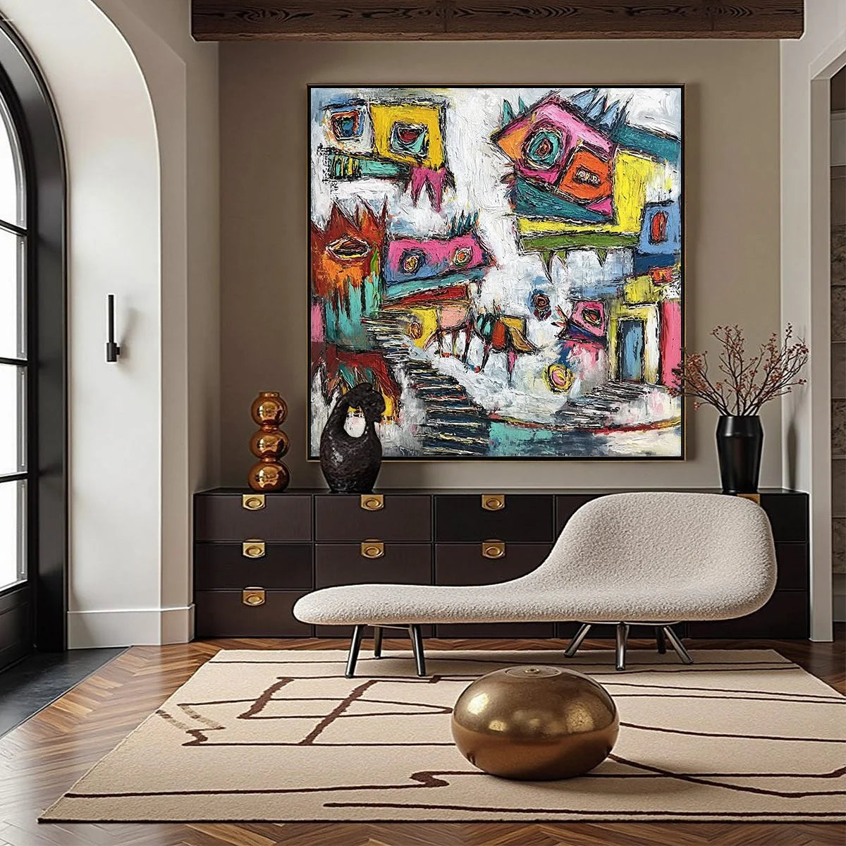 CHROMATIC RIOT: Large Colorful Textured Abstract Cityscape Painting | Abstract closeup, raised brushwork detail