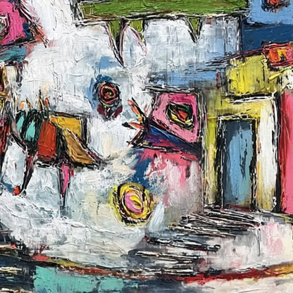 CHROMATIC RIOT: Large Colorful Textured Abstract Cityscape Painting | rectangular format, hand-painted canvas edge