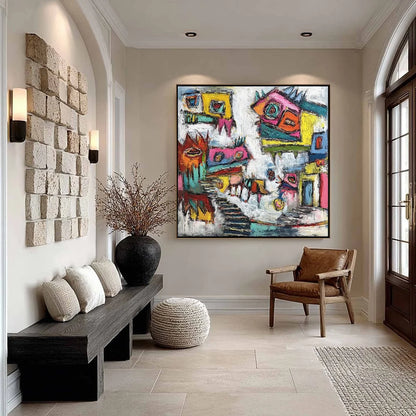 CHROMATIC RIOT: Large Colorful Textured Abstract Cityscape Painting | gold frame stretched on neutral wall