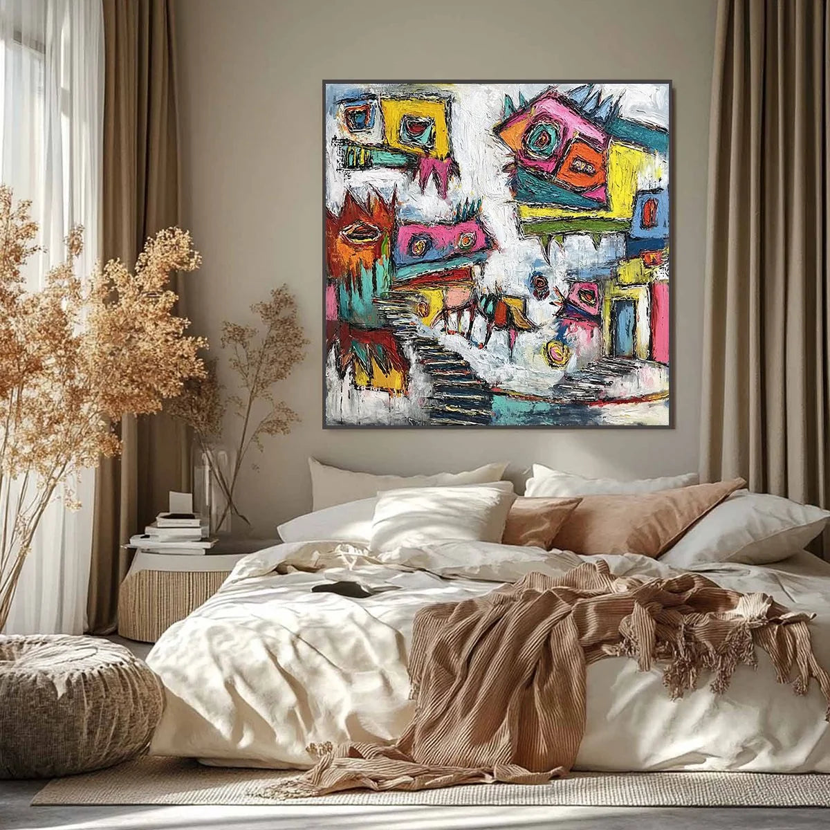 CHROMATIC RIOT: Large Colorful Textured Abstract Cityscape Painting | black frame version on white wall