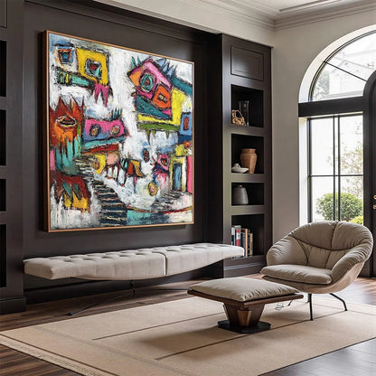 CHROMATIC RIOT: Large Colorful Textured Abstract Cityscape Painting | Abstract mood, soft natural light studio shot