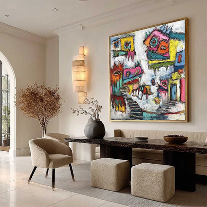 CHROMATIC RIOT: Large Colorful Textured Abstract Cityscape Painting | beige palette, original Hand-painted on premium stretched canvas using artist-grade oils; rich layered surface combines smooth ...