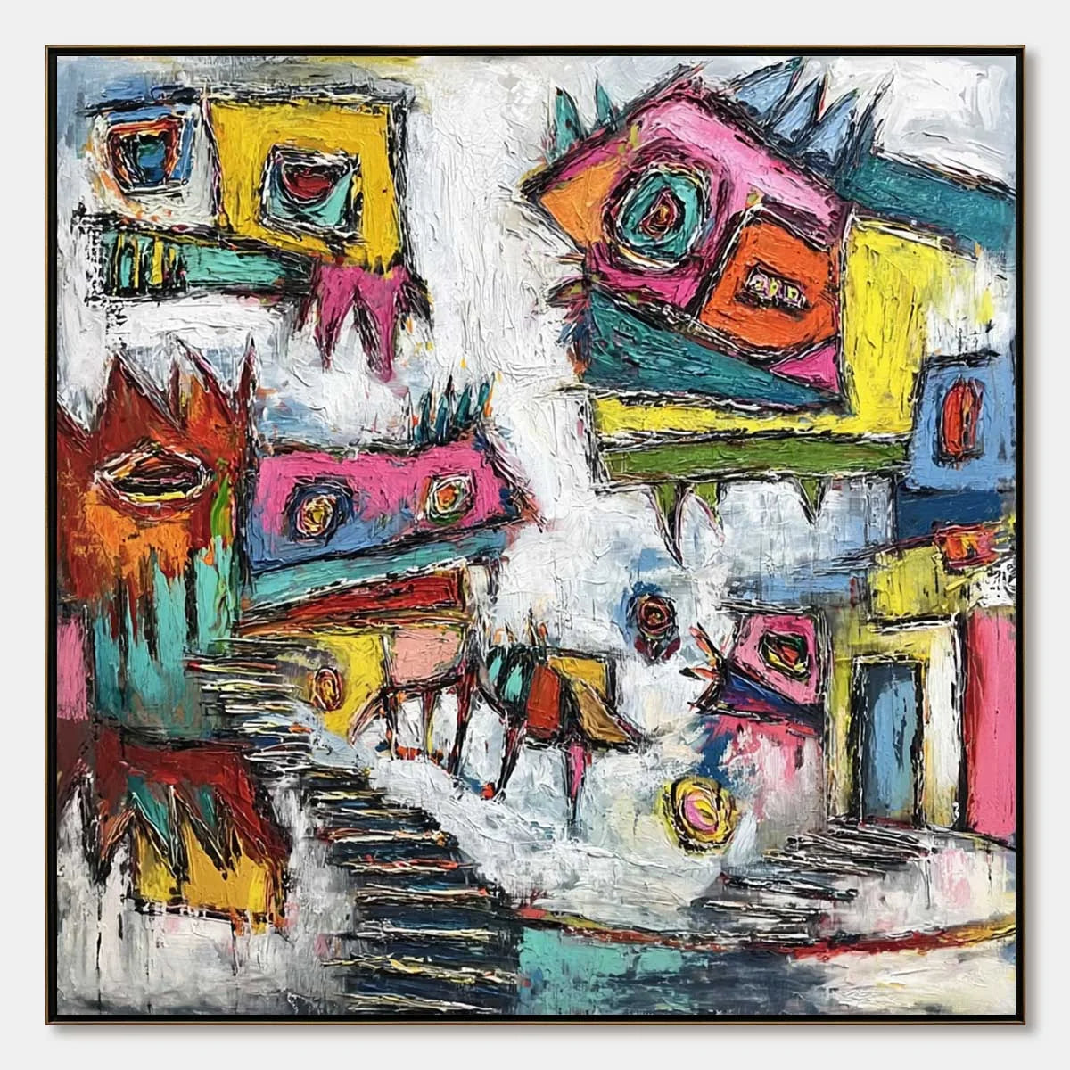 CHROMATIC RIOT: Large Colorful Textured Abstract Cityscape Painting | hanging in CHROMATIC RIOT: Large Colorful Textured Abstract Cityscape Painting featuring layered textured brushwork in refined ...