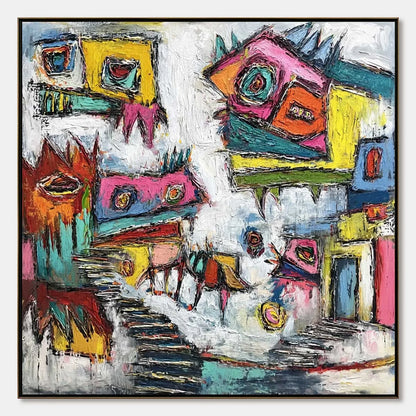 CHROMATIC RIOT: Large Colorful Textured Abstract Cityscape Painting | hanging in CHROMATIC RIOT: Large Colorful Textured Abstract Cityscape Painting featuring layered textured brushwork in refined ...
