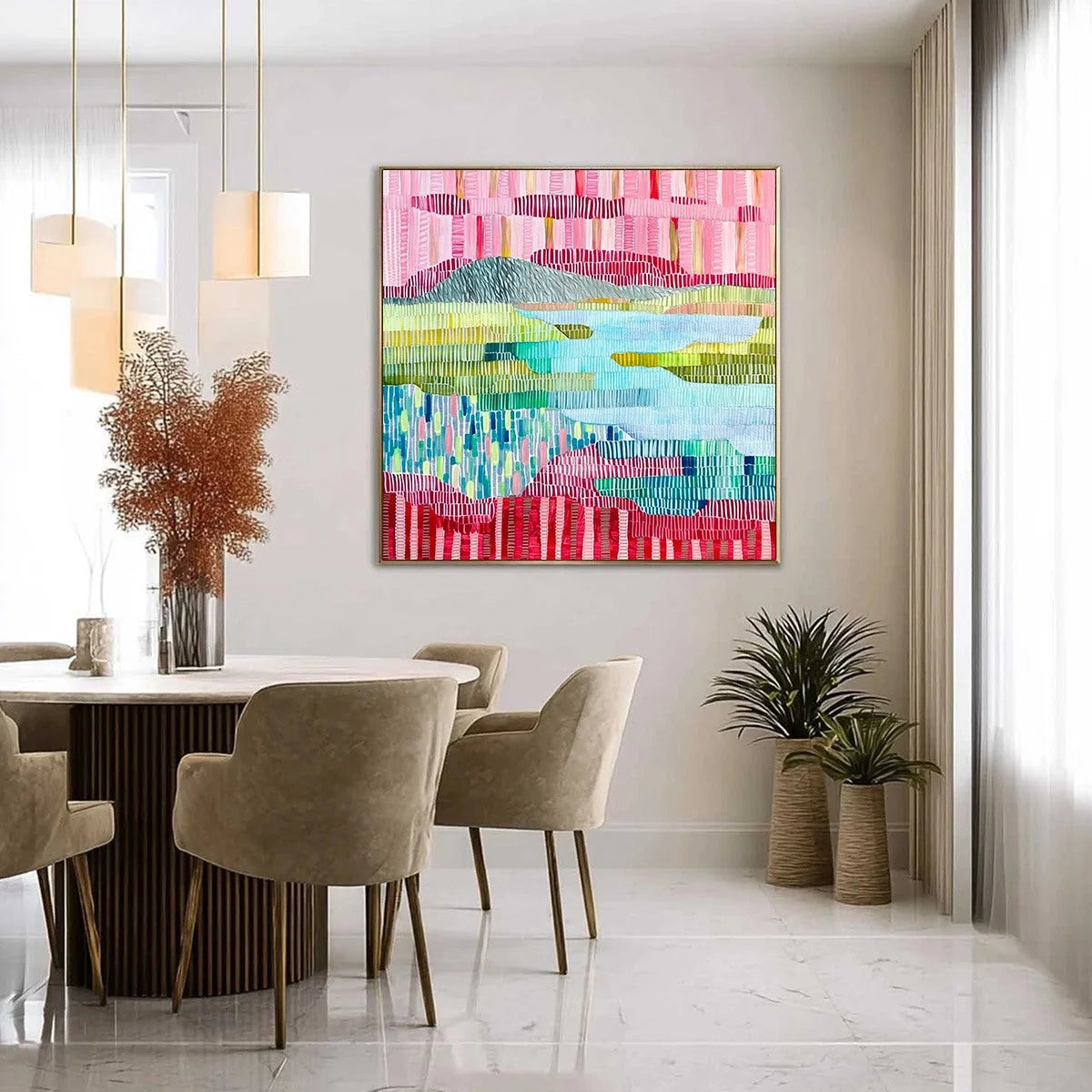 CHROMATIC WEAVE: Colorful Abstract Textured Landscape Painting | gold frame stretched on neutral wall