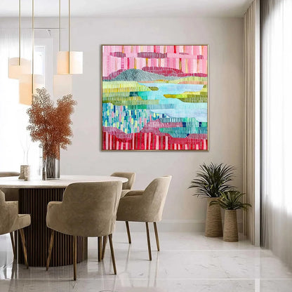 CHROMATIC WEAVE: Colorful Abstract Textured Landscape Painting | gold frame stretched on neutral wall