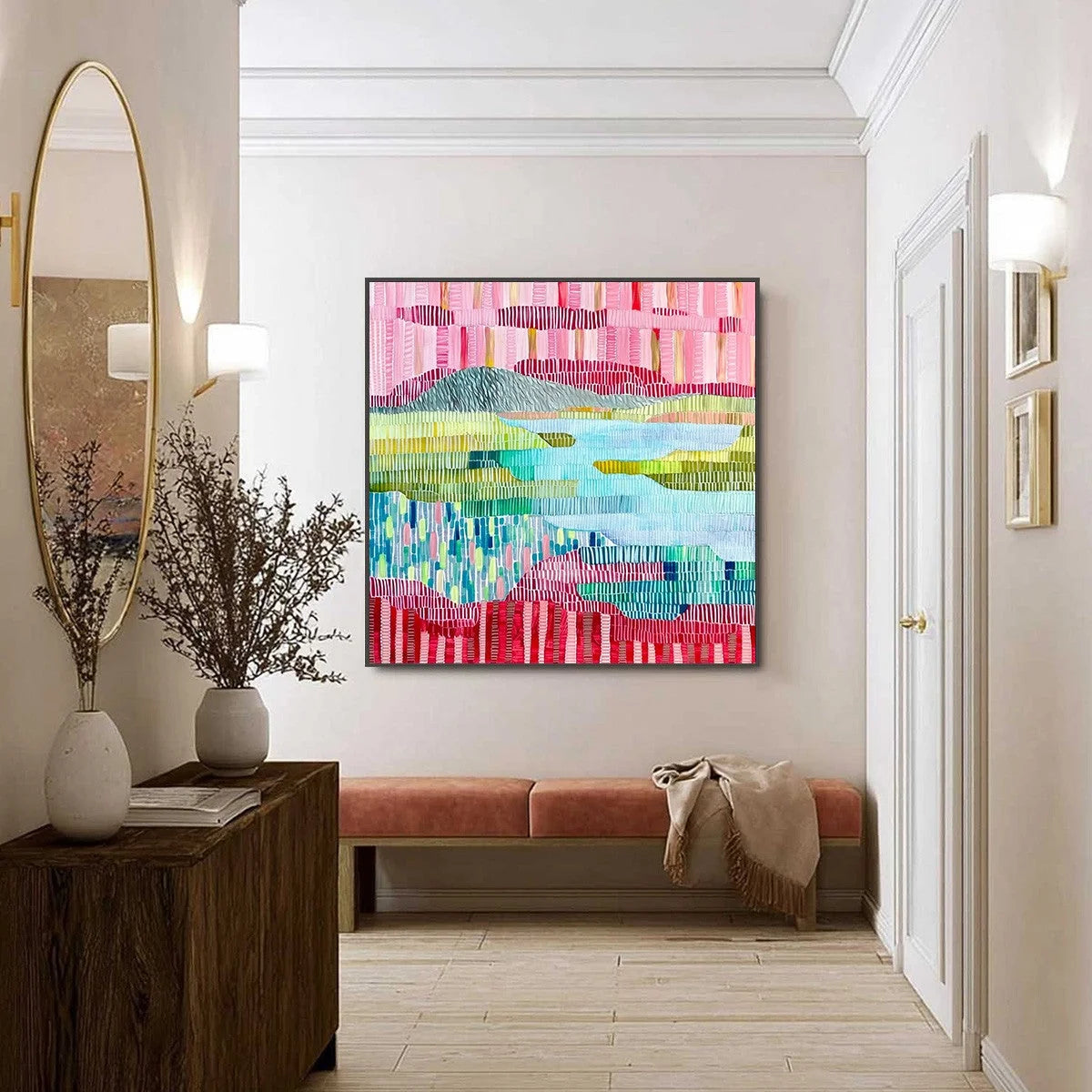 CHROMATIC WEAVE: Colorful Abstract Textured Landscape Painting | black frame version on white wall