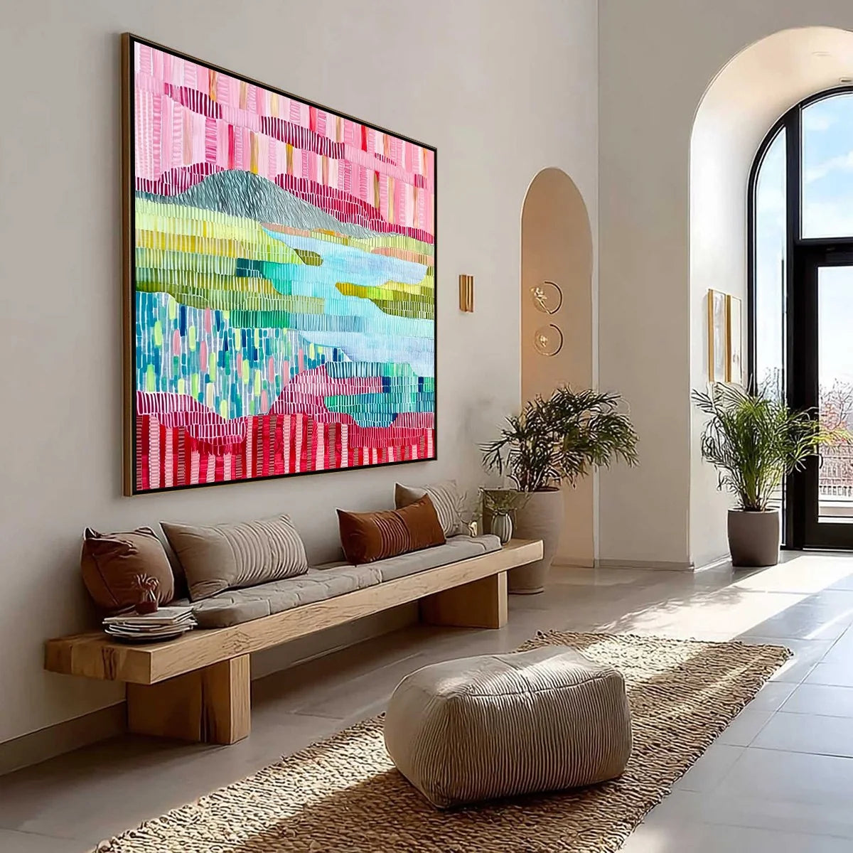 CHROMATIC WEAVE: Colorful Abstract Textured Landscape Painting | abstract mood, soft natural light studio shot