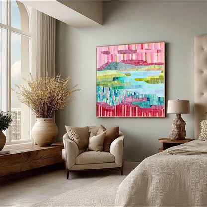 CHROMATIC WEAVE: Colorful Abstract Textured Landscape Painting | beige palette, original office art