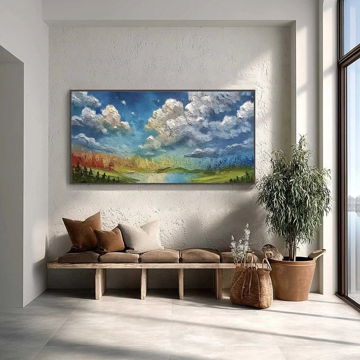 CHROMATIC HORIZON: Large Textured Abstract Cityscape | gold frame stretched on neutral wall