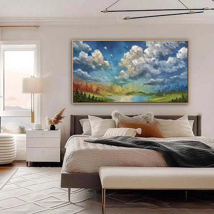 CHROMATIC HORIZON: Large Textured Abstract Cityscape | black frame version on white wall
