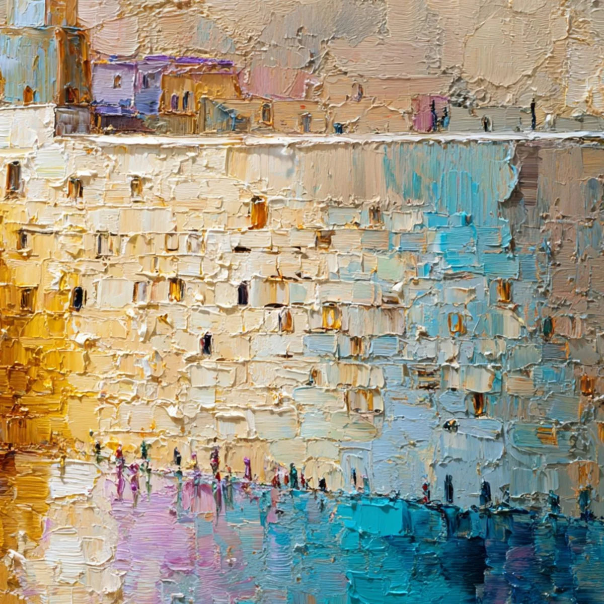 Citadel of Memories: Textured Impasto Cityscape Oil Painting | rectangular format, hand-painted canvas edge