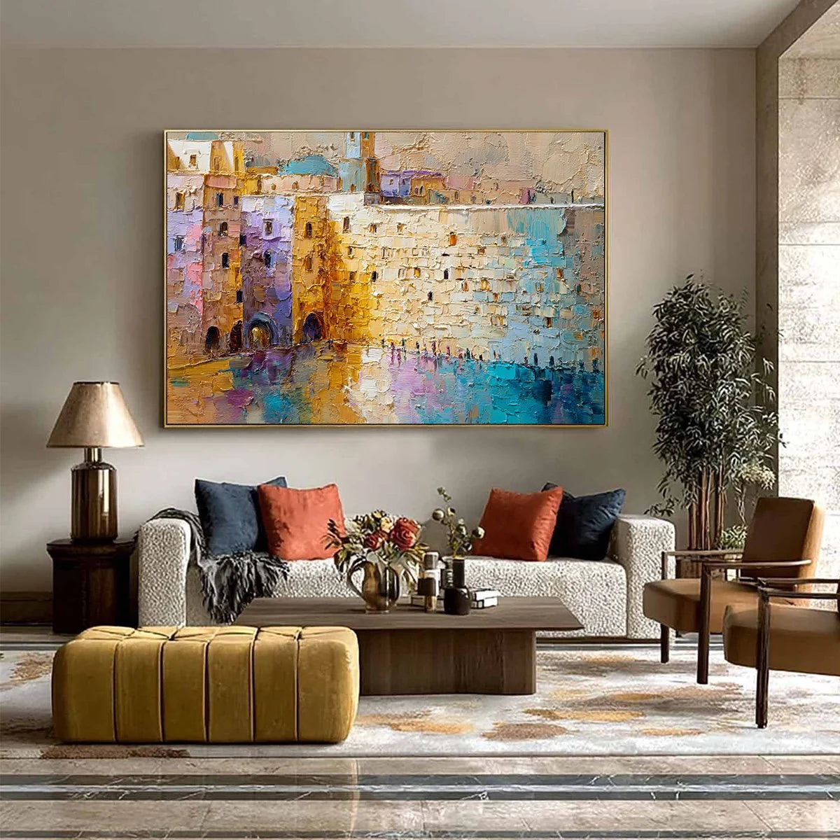 Citadel of Memories: Textured Impasto Cityscape Oil Painting | gold frame stretched on neutral wall