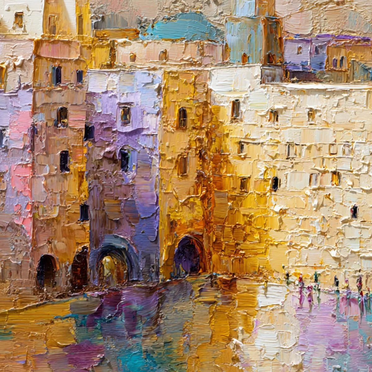 Citadel of Memories: Textured Impasto Cityscape Oil Painting | rolled canvas, ready for custom framing